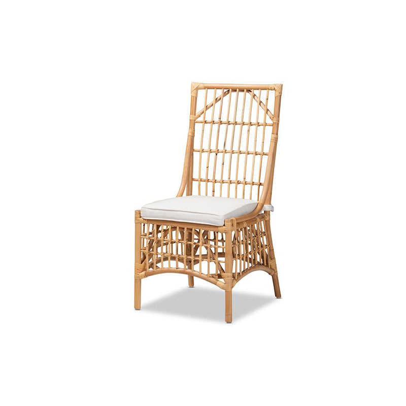 Baxton Studio Rose Modern Bohemian White Fabric Upholstered and Natural Brown Rattan Dining Chair | Dining Chairs | Modishstore