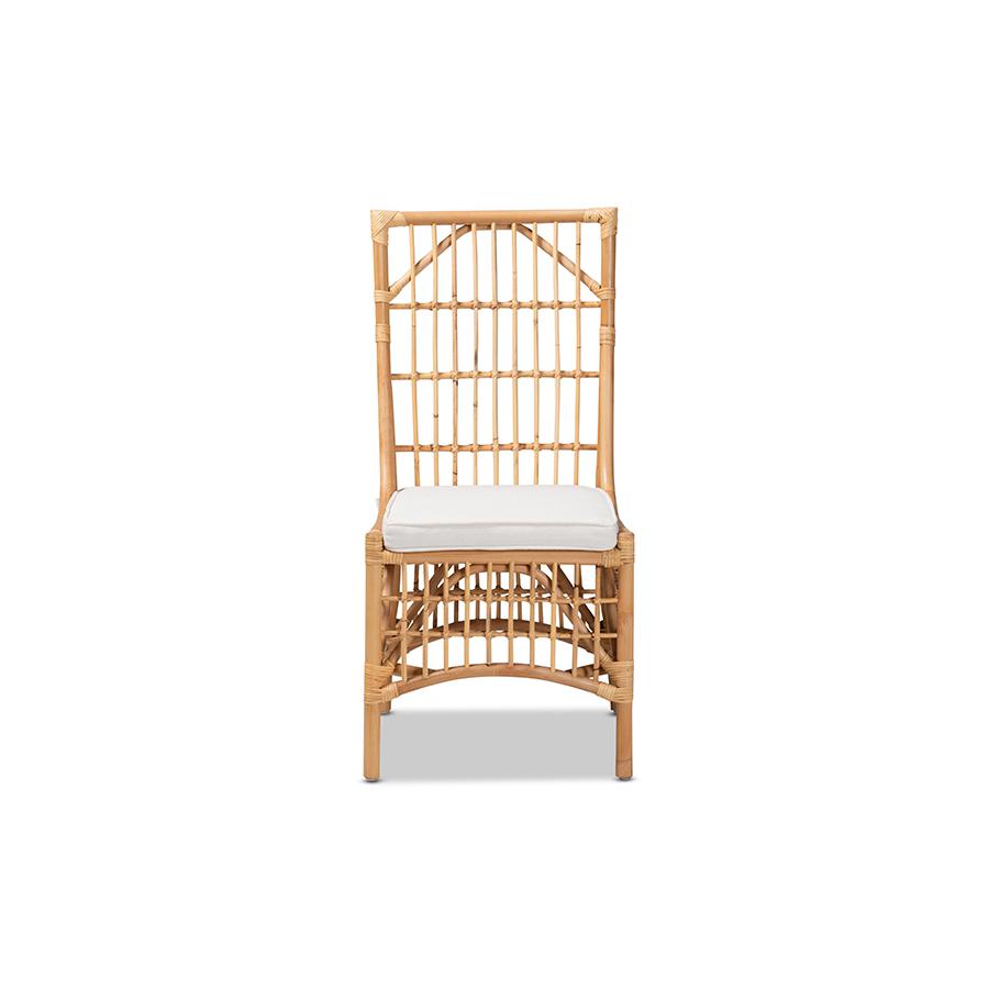 Baxton Studio Rose Modern Bohemian White Fabric Upholstered and Natural Brown Rattan Dining Chair | Dining Chairs | Modishstore - 3
