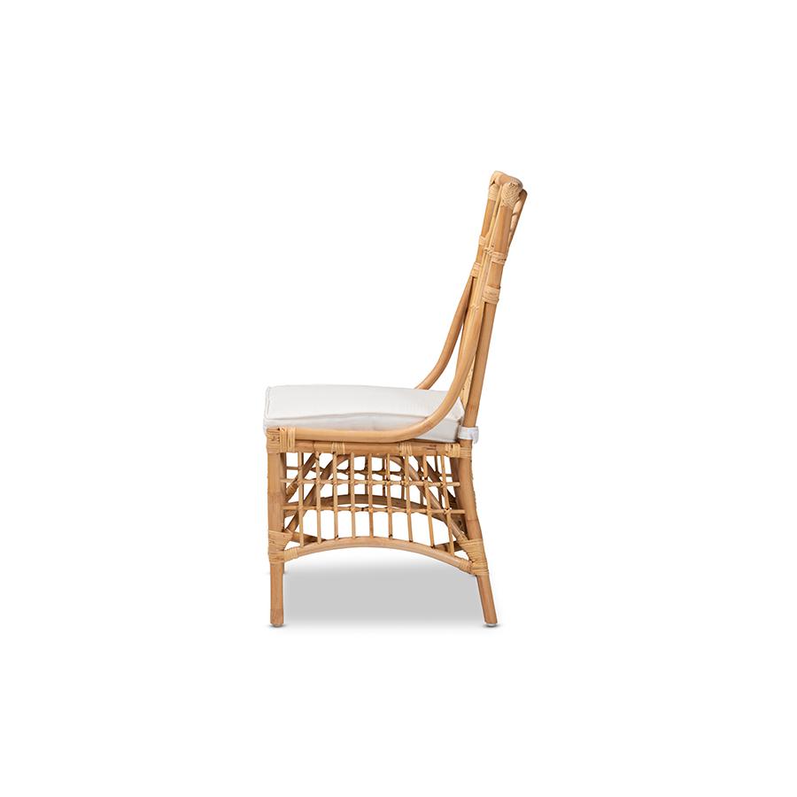 Baxton Studio Rose Modern Bohemian White Fabric Upholstered and Natural Brown Rattan Dining Chair | Dining Chairs | Modishstore - 4