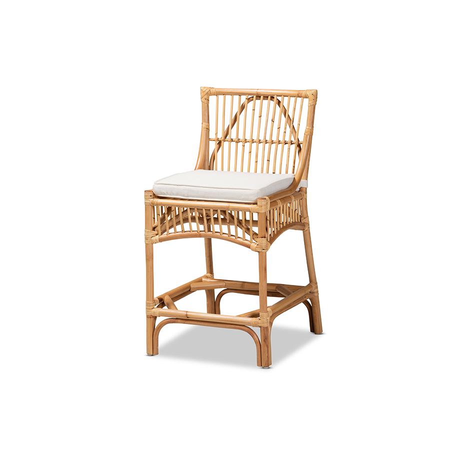 Baxton Studio Rose Modern Bohemian White Fabric Upholstered and Natural Brown Rattan Counter Stool | Counter Stools | Modishstore