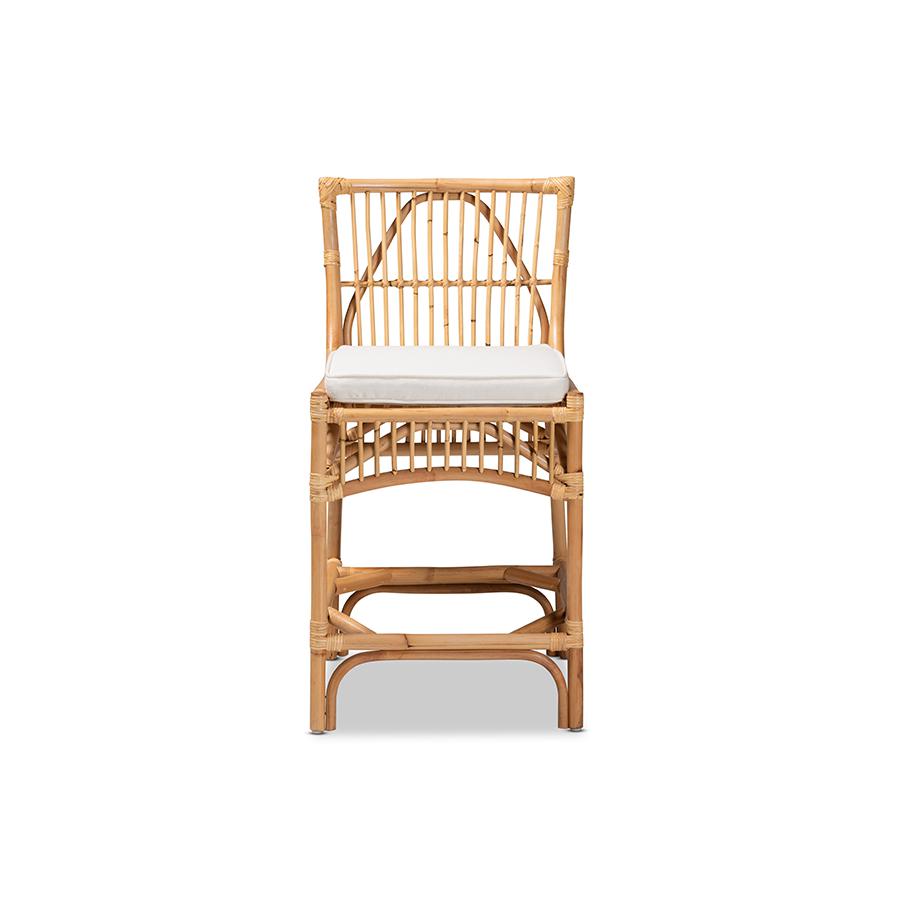 Baxton Studio Rose Modern Bohemian White Fabric Upholstered and Natural Brown Rattan Counter Stool | Counter Stools | Modishstore - 3