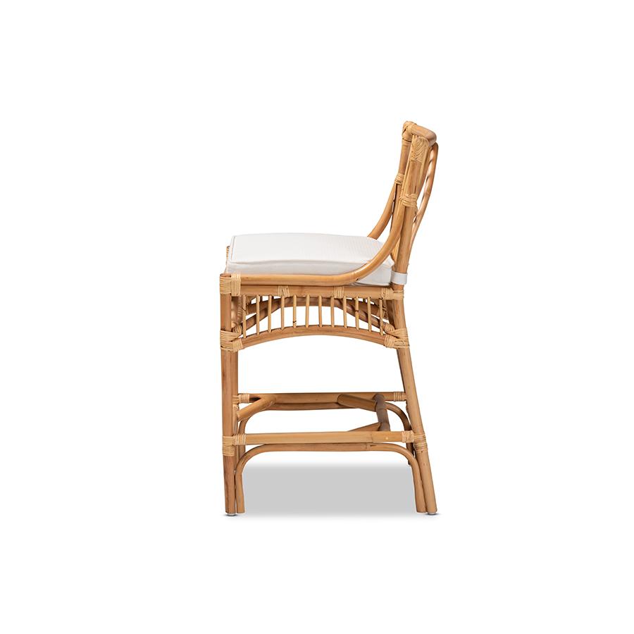 Baxton Studio Rose Modern Bohemian White Fabric Upholstered and Natural Brown Rattan Counter Stool | Counter Stools | Modishstore - 4