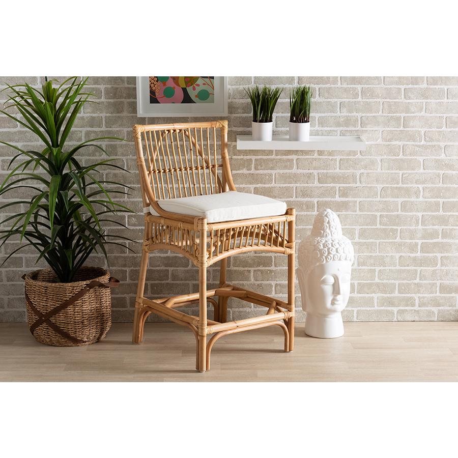 Baxton Studio Rose Modern Bohemian White Fabric Upholstered and Natural Brown Rattan Counter Stool | Counter Stools | Modishstore - 2