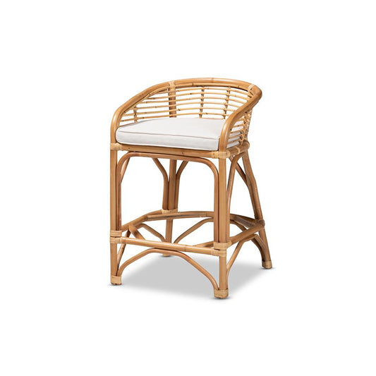 Baxton Studio Maverick Modern Bohemian White Fabric Upholstered and Natural Brown Rattan Counter Stool | Counter Stools | Modishstore