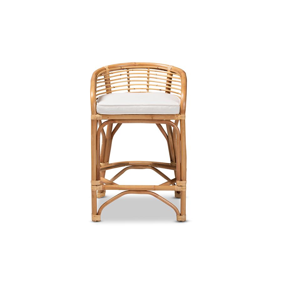 Baxton Studio Maverick Modern Bohemian White Fabric Upholstered and Natural Brown Rattan Counter Stool | Counter Stools | Modishstore - 3