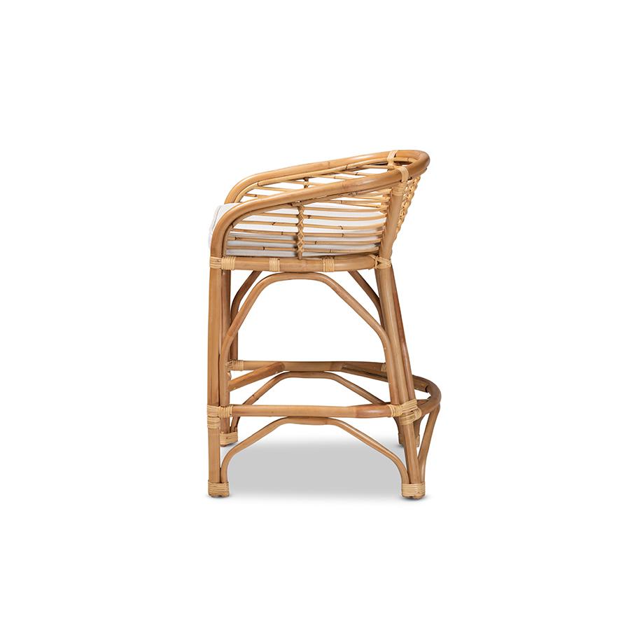 Baxton Studio Maverick Modern Bohemian White Fabric Upholstered and Natural Brown Rattan Counter Stool | Counter Stools | Modishstore - 4