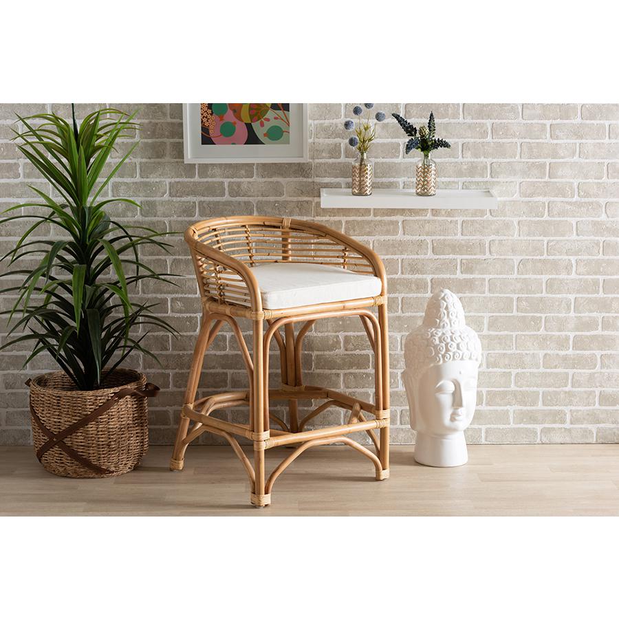 Baxton Studio Maverick Modern Bohemian White Fabric Upholstered and Natural Brown Rattan Counter Stool | Counter Stools | Modishstore - 2