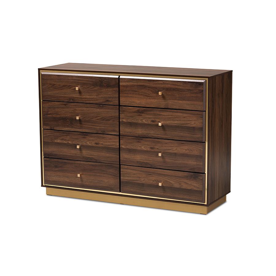 Baxton Studio Cormac Modern and Contemporary Walnut Brown Finished Wood and Gold Metal 8-Drawer Dresser | Dressers | Modishstore