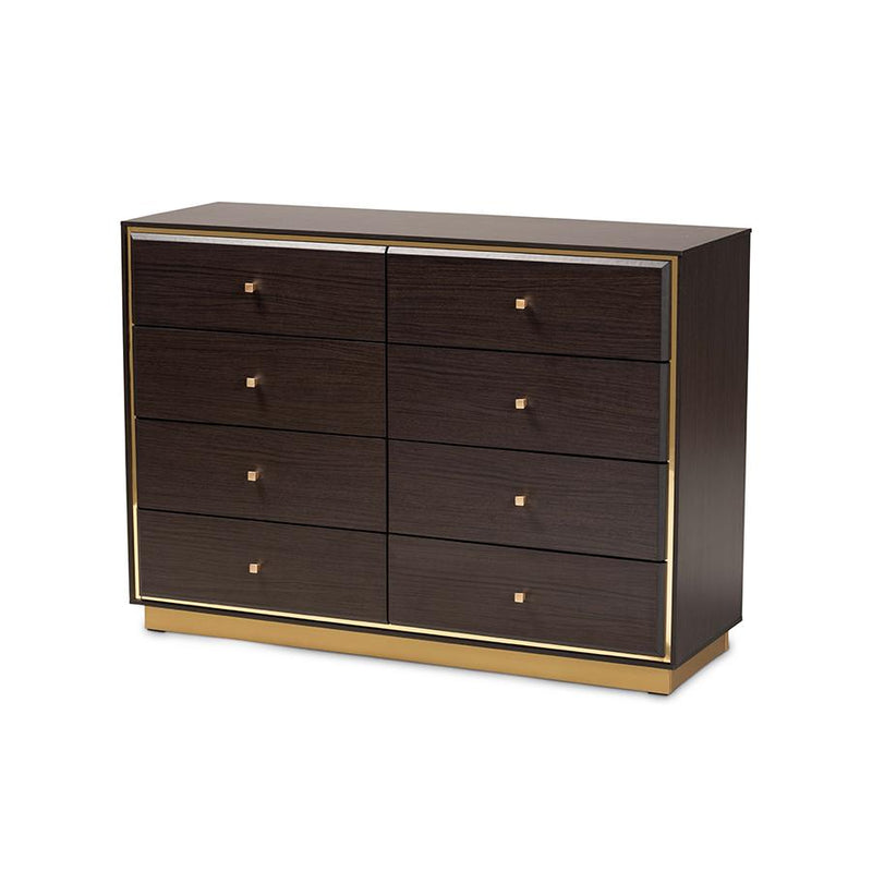 Baxton Studio Cormac Modern and Contemporary Espresso Brown Finished Wood and Gold Metal 8-Drawer Dresser | Dressers | Modishstore