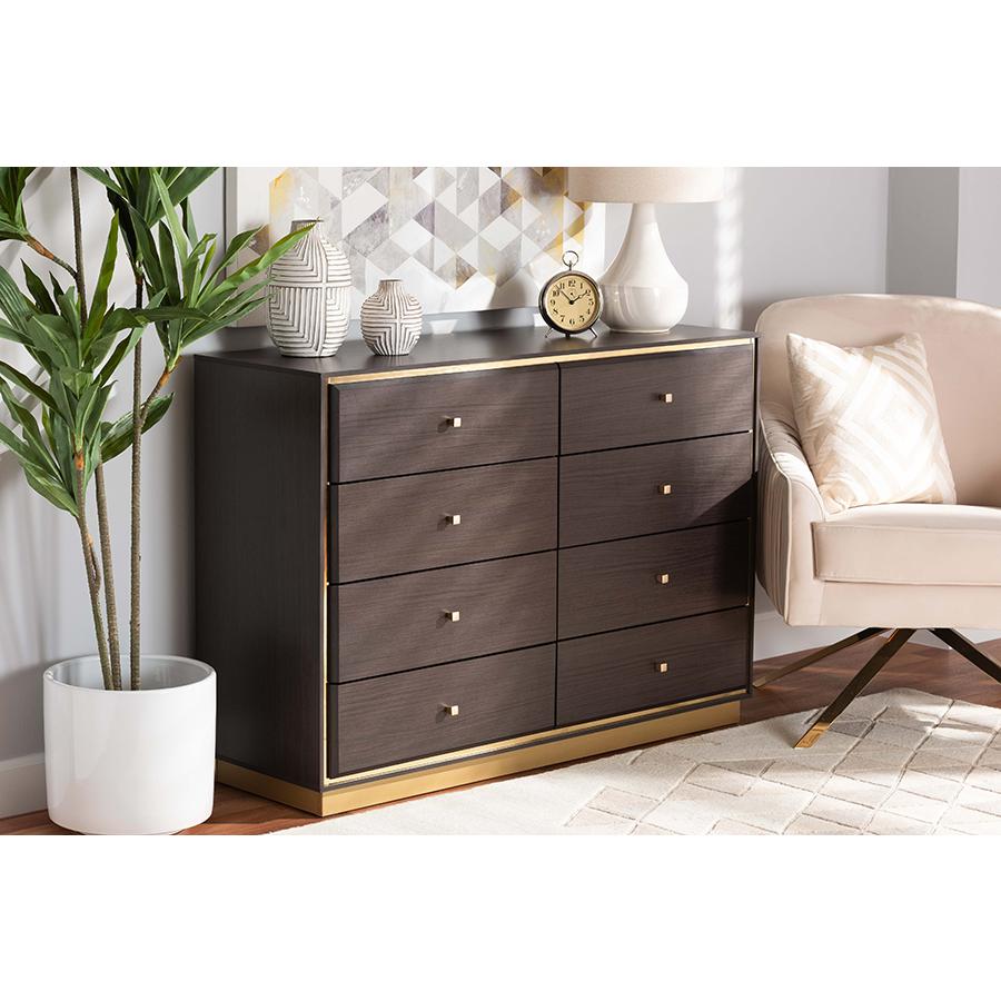 Baxton Studio Cormac Modern and Contemporary Espresso Brown Finished Wood and Gold Metal 8-Drawer Dresser | Dressers | Modishstore - 2