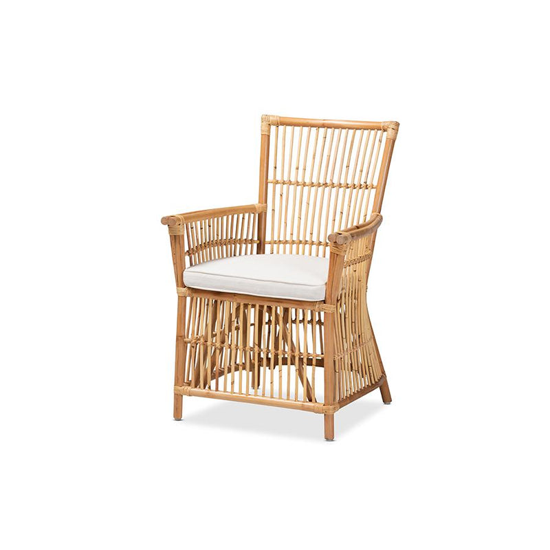 Baxton Studio Rose Modern Bohemian White Fabric Upholstered and Natural Brown Rattan Armchair | Armchairs | Modishstore