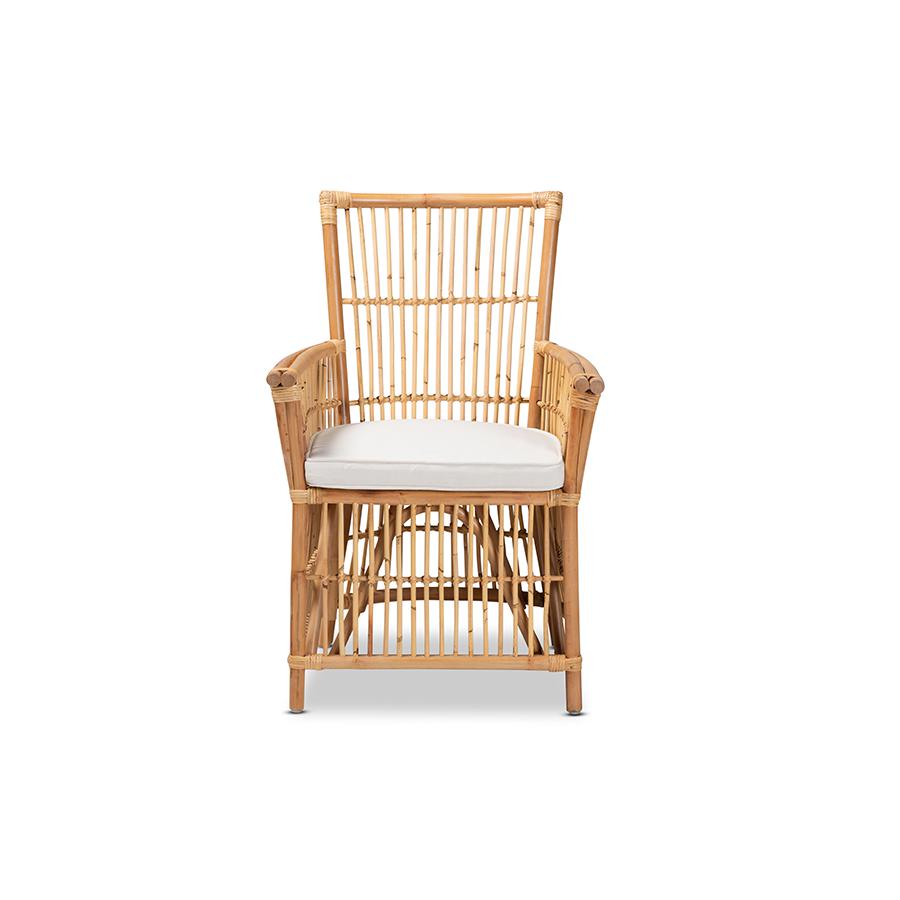 Baxton Studio Rose Modern Bohemian White Fabric Upholstered and Natural Brown Rattan Armchair | Armchairs | Modishstore - 3
