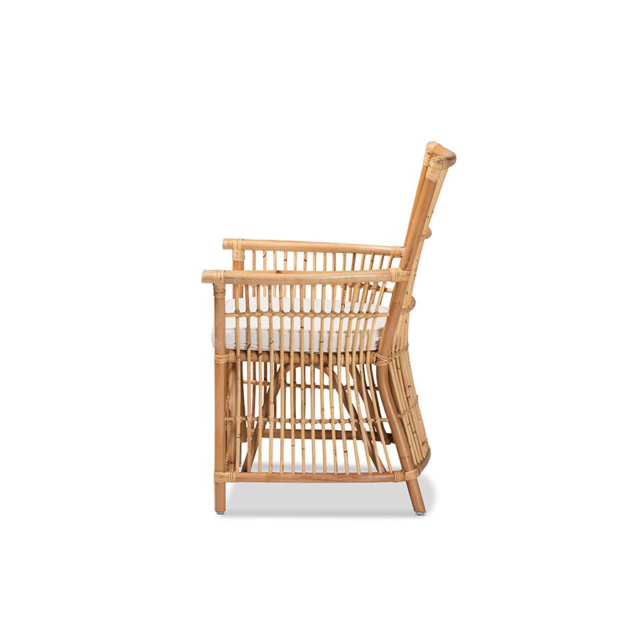 Baxton Studio Rose Modern Bohemian White Fabric Upholstered and Natural Brown Rattan Armchair | Armchairs | Modishstore - 4