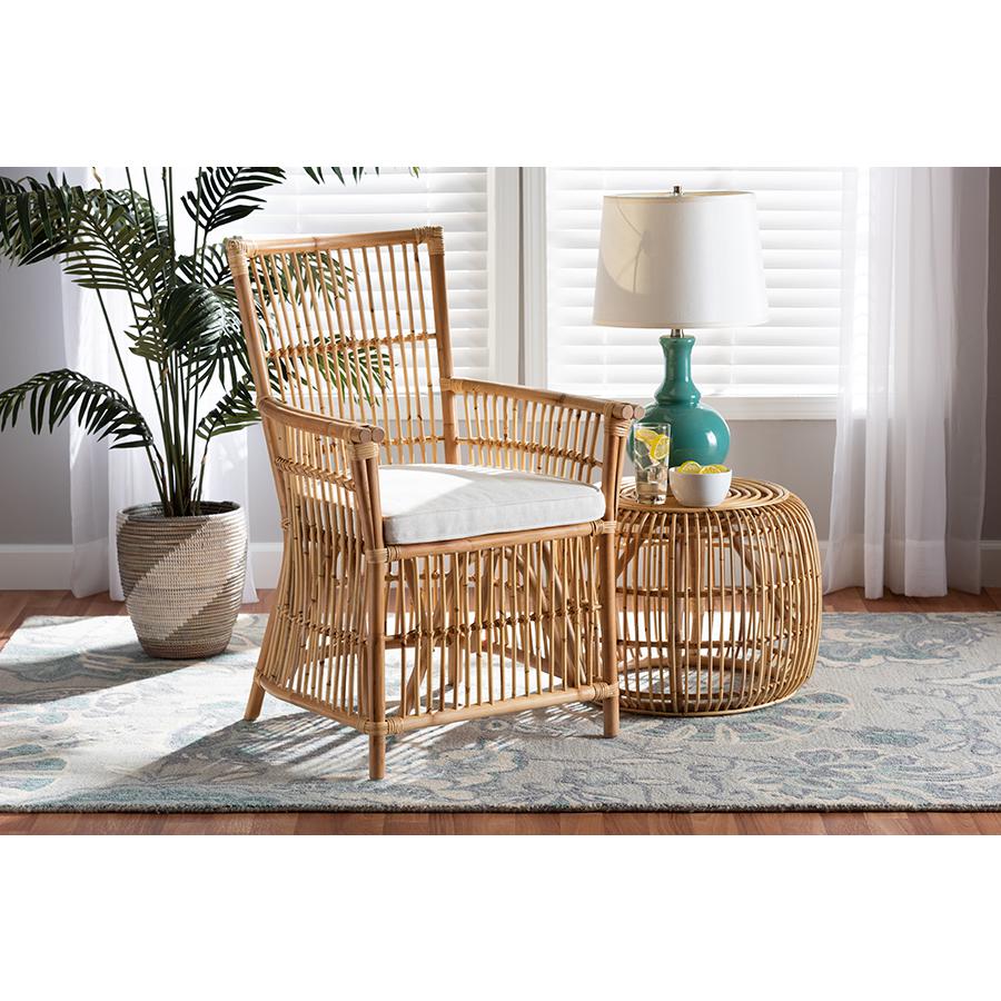Baxton Studio Rose Modern Bohemian White Fabric Upholstered and Natural Brown Rattan Armchair | Armchairs | Modishstore - 2