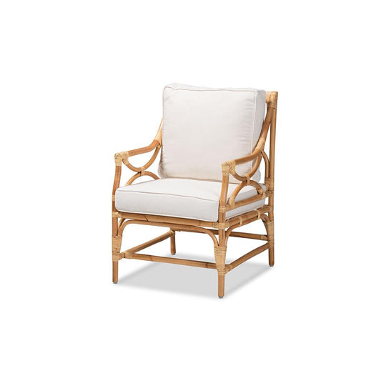 Baxton Studio Brandon Modern Bohemian White Fabric Upholstered and Natural Brown Rattan Armchair | Armchairs | Modishstore