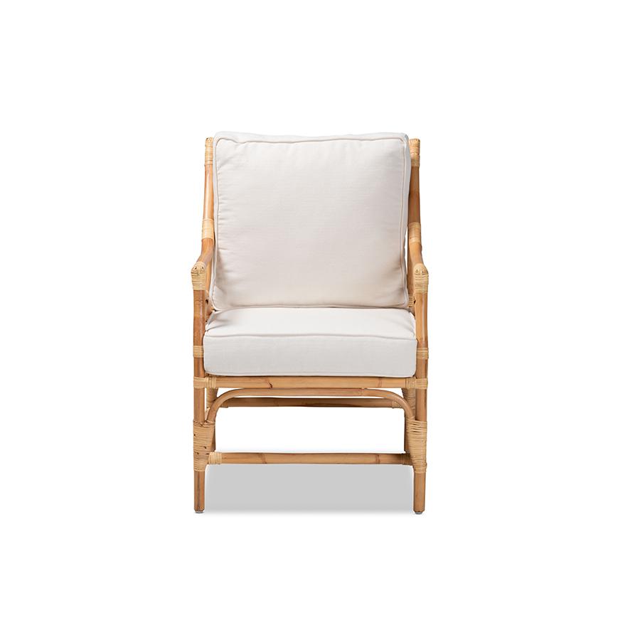 Baxton Studio Brandon Modern Bohemian White Fabric Upholstered and Natural Brown Rattan Armchair | Armchairs | Modishstore - 3
