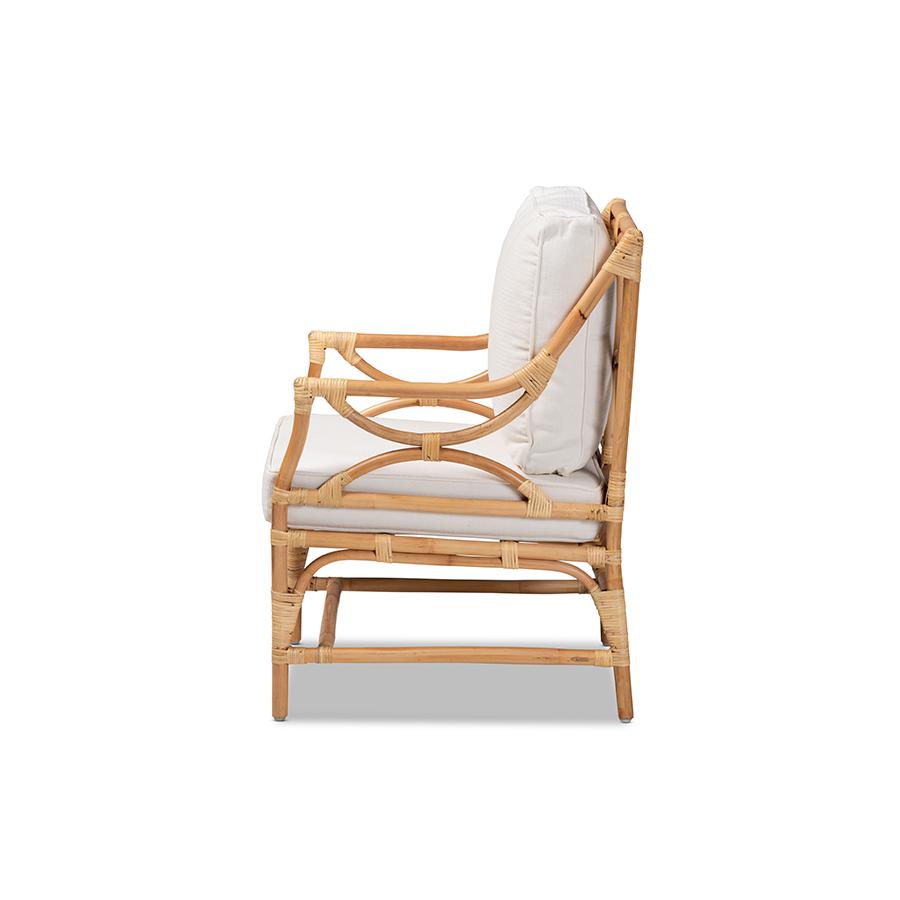 Baxton Studio Brandon Modern Bohemian White Fabric Upholstered and Natural Brown Rattan Armchair | Armchairs | Modishstore - 4