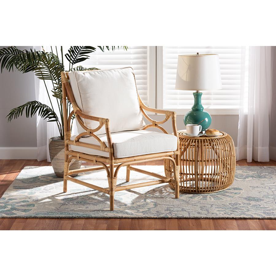 Baxton Studio Brandon Modern Bohemian White Fabric Upholstered and Natural Brown Rattan Armchair | Armchairs | Modishstore - 2