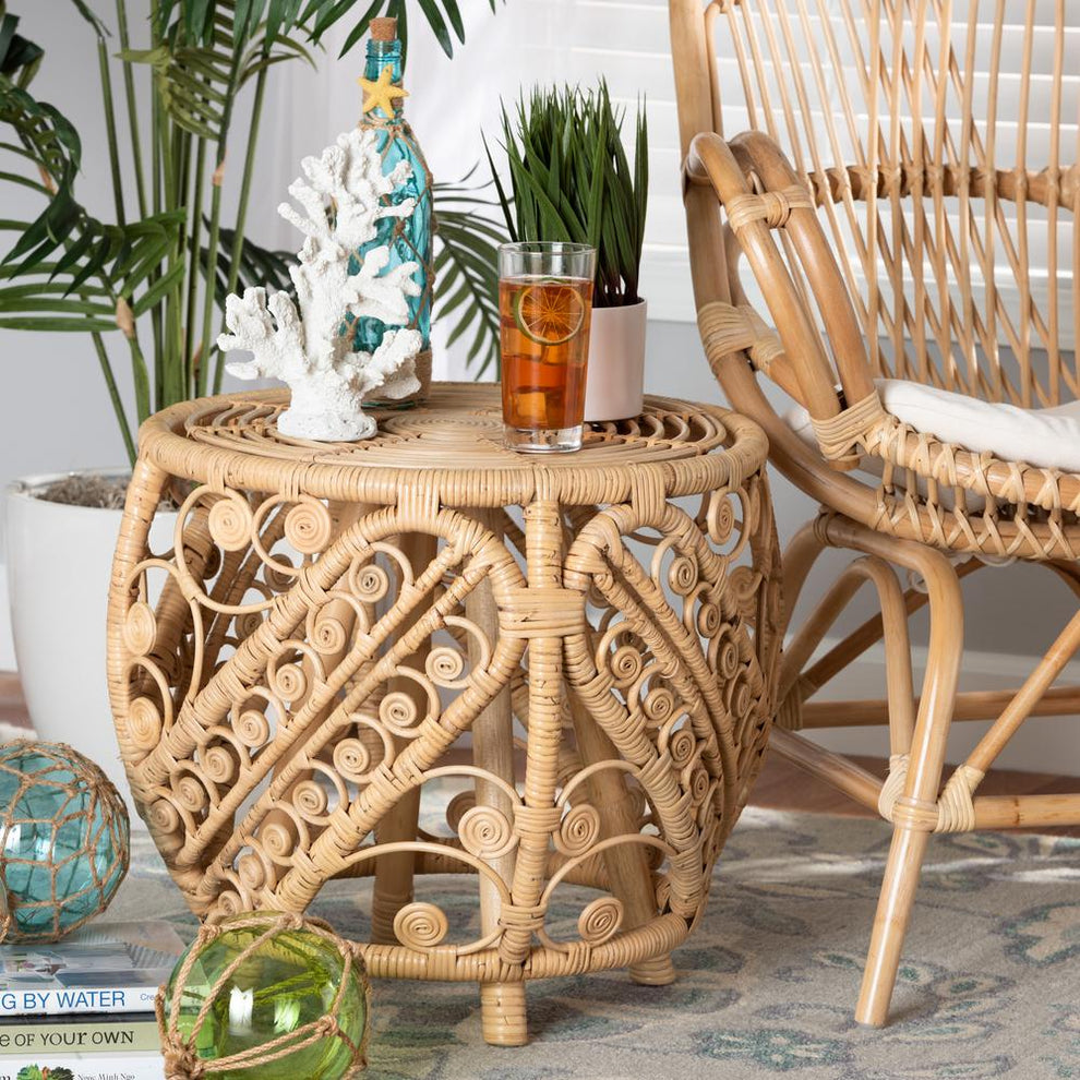 Baxton Studio Saranna Modern Bohemian Natural Brown Finished Rattan End Table | End Tables | Modishstore - 2