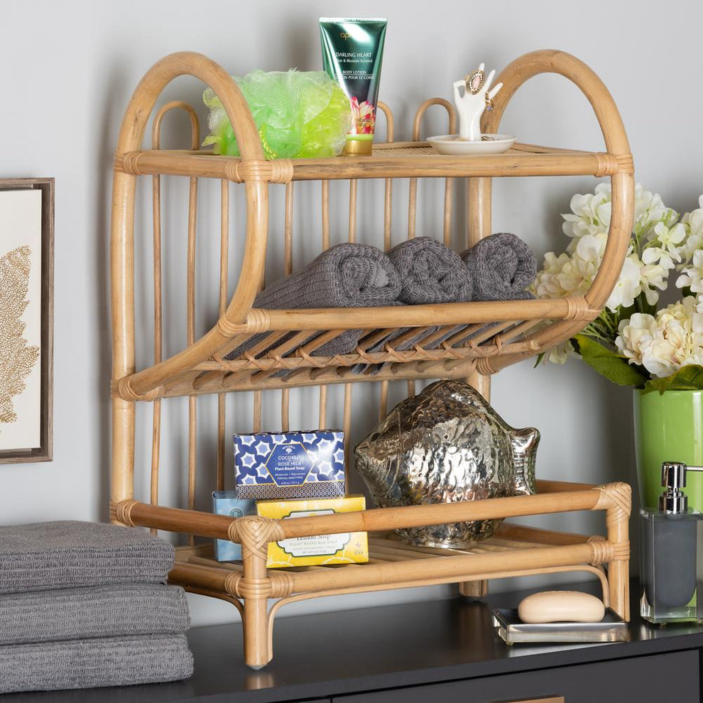Baxton Studio Liora Modern Bohemian Natural Brown Finished Rattan 2-Tier Display Shelf | Shelves & Shelving Units | Modishstore - 2