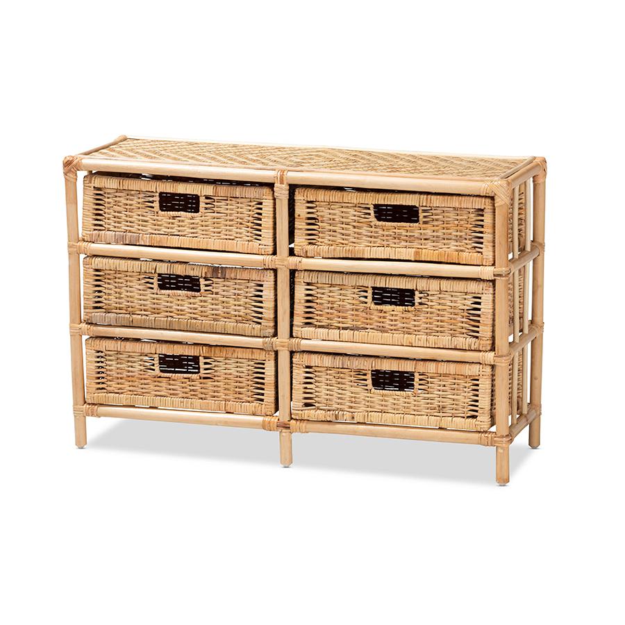 Baxton Studio Dariana Modern Bohemian Natural Brown Rattan 6-Drawer Storage Cabinet | Cabinets | Modishstore