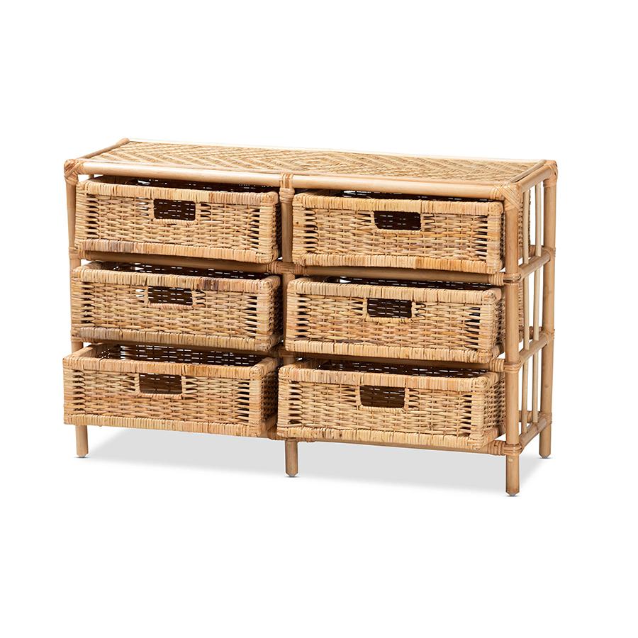 Baxton Studio Dariana Modern Bohemian Natural Brown Rattan 6-Drawer Storage Cabinet | Cabinets | Modishstore - 2