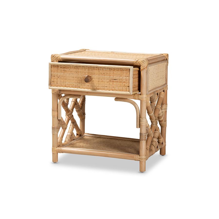 Baxton Studio Camara Modern Bohemian Natural Brown Rattan 1-Drawer Nightstand | Nightstands | Modishstore - 2