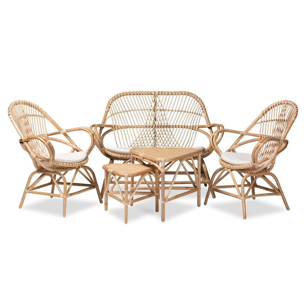 Baxton Studio Jayden Modern Bohemian White Fabric Upholstered and Natural Brown Finished Rattan 5-Piece Living Room Set | Sofas | Modishstore - 2