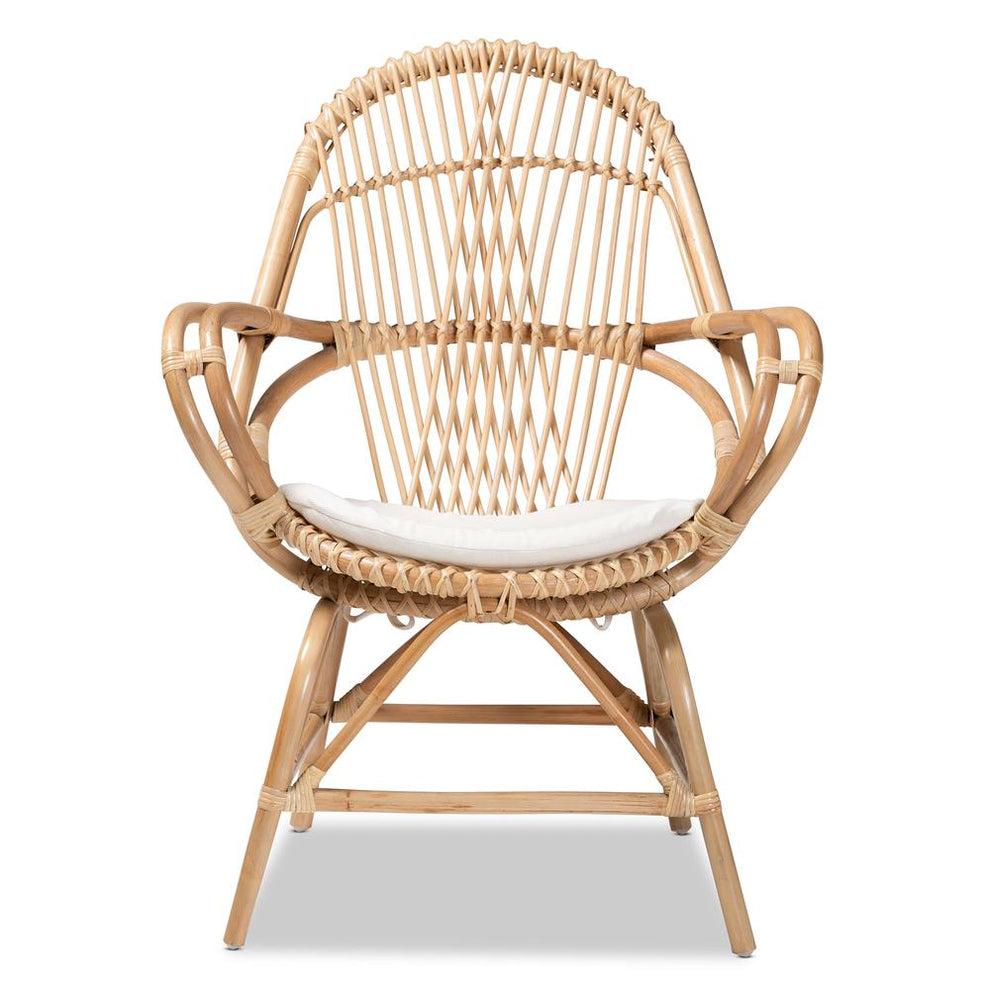 Baxton Studio Jayden Modern Bohemian White Fabric Upholstered and Natural Brown Finished Rattan Accent Chair | Accent Chairs | Modishstore - 3