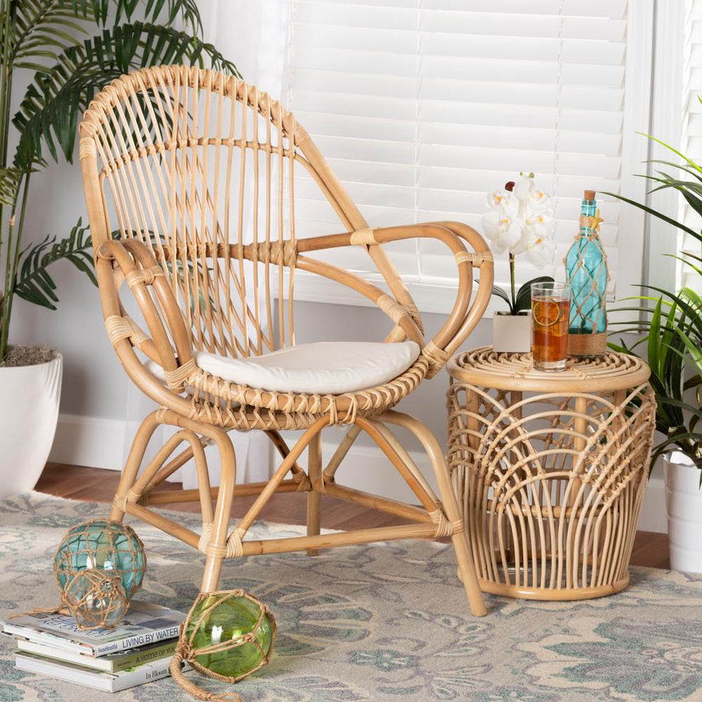 Baxton Studio Jayden Modern Bohemian White Fabric Upholstered and Natural Brown Finished Rattan Accent Chair | Accent Chairs | Modishstore - 2