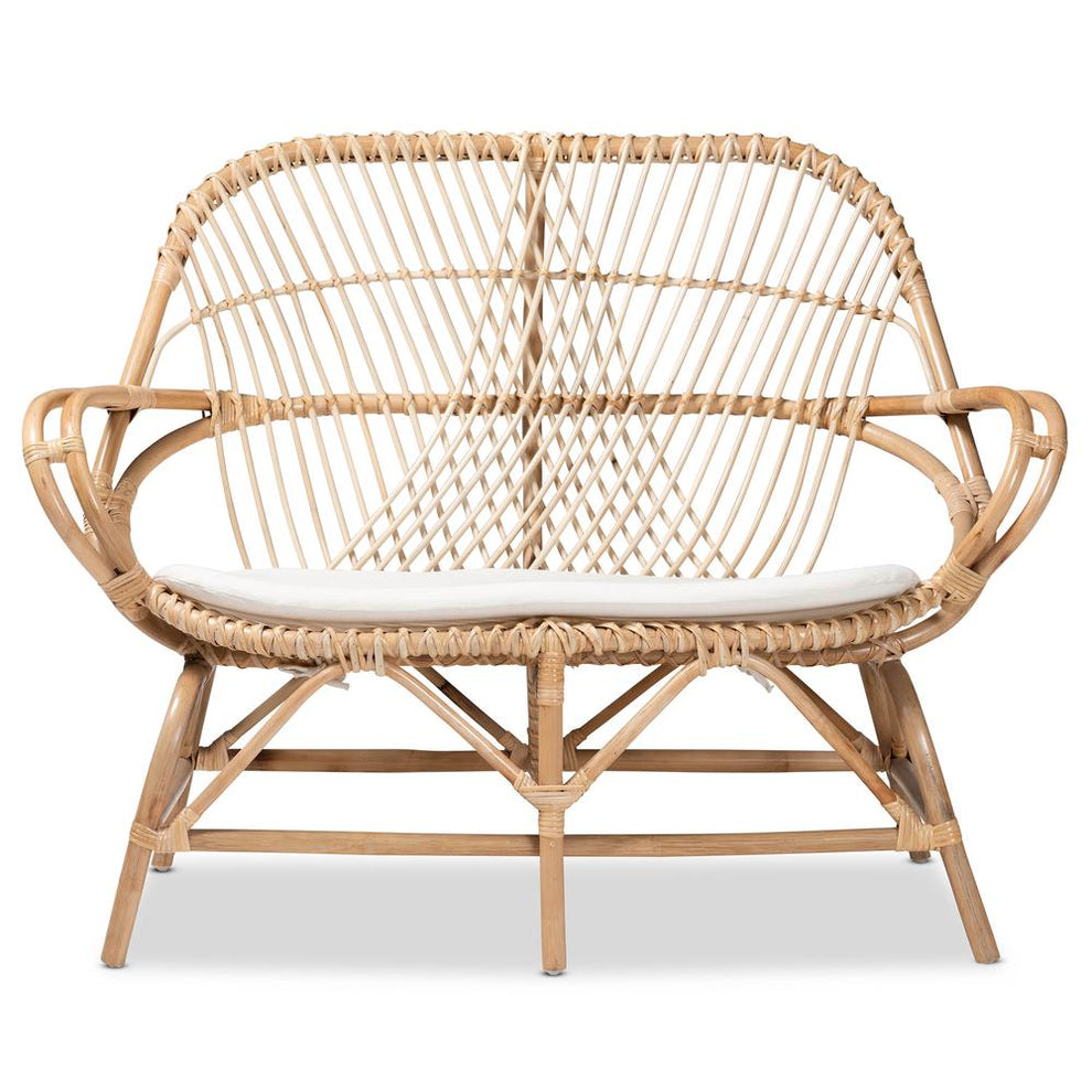 Baxton Studio Jayden Modern Bohemian White Fabric Upholstered and Natural Brown Finished Rattan Loveseat | Loveseats | Modishstore - 3