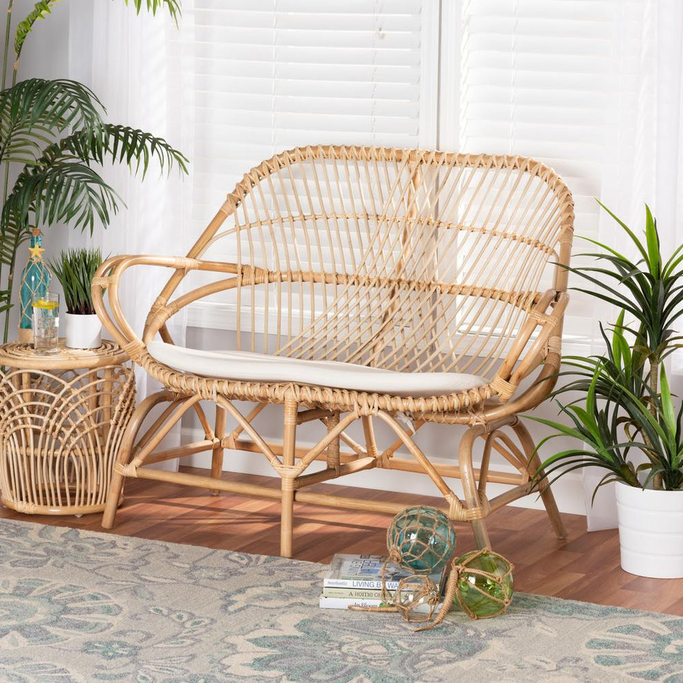 Baxton Studio Jayden Modern Bohemian White Fabric Upholstered and Natural Brown Finished Rattan Loveseat | Loveseats | Modishstore - 2