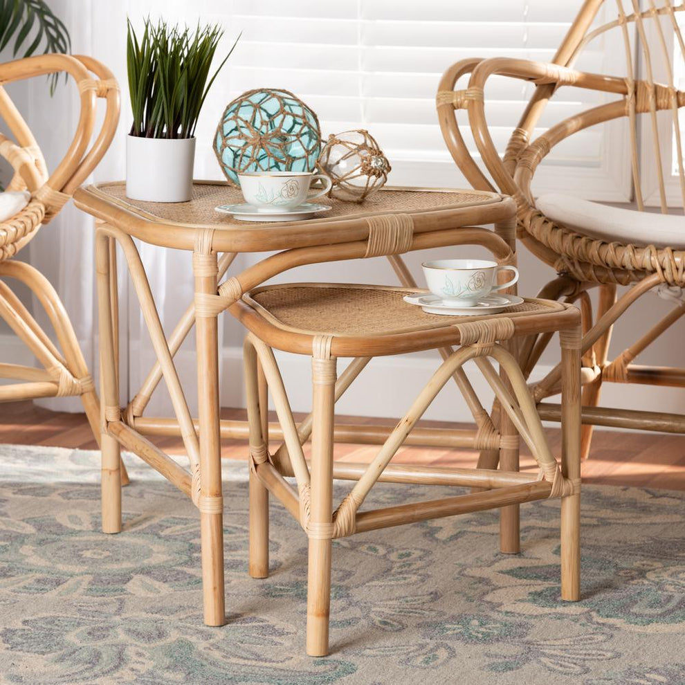 Baxton Studio Jayden Modern Bohemian Natural Brown Finished Rattan 2-Piece End Table Set | End Tables | Modishstore - 2