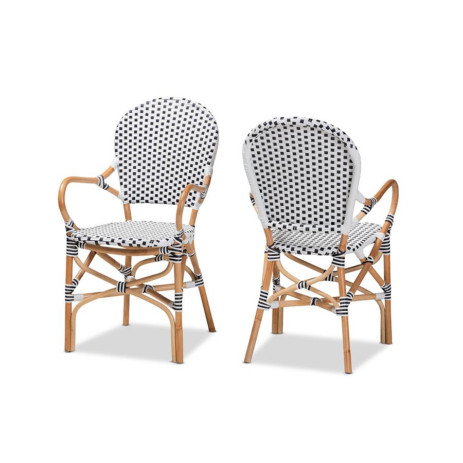 Baxton Studio Naila Classic French Black and White Weaving and Natural Brown Rattan 2-Piece Dining Chair Set | Dining Chairs | Modishstore