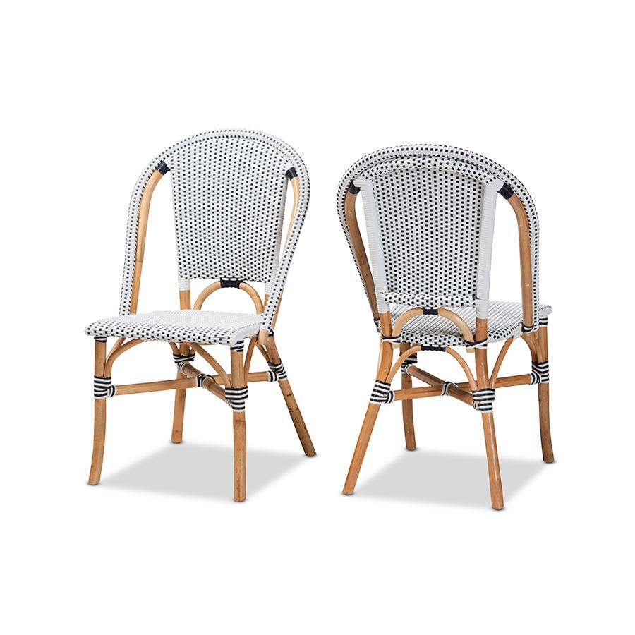 Baxton Studio Genica Classic French Black and White Weaving and Natural Brown Rattan 2-Piece Dining Chair Set | Dining Chairs | Modishstore