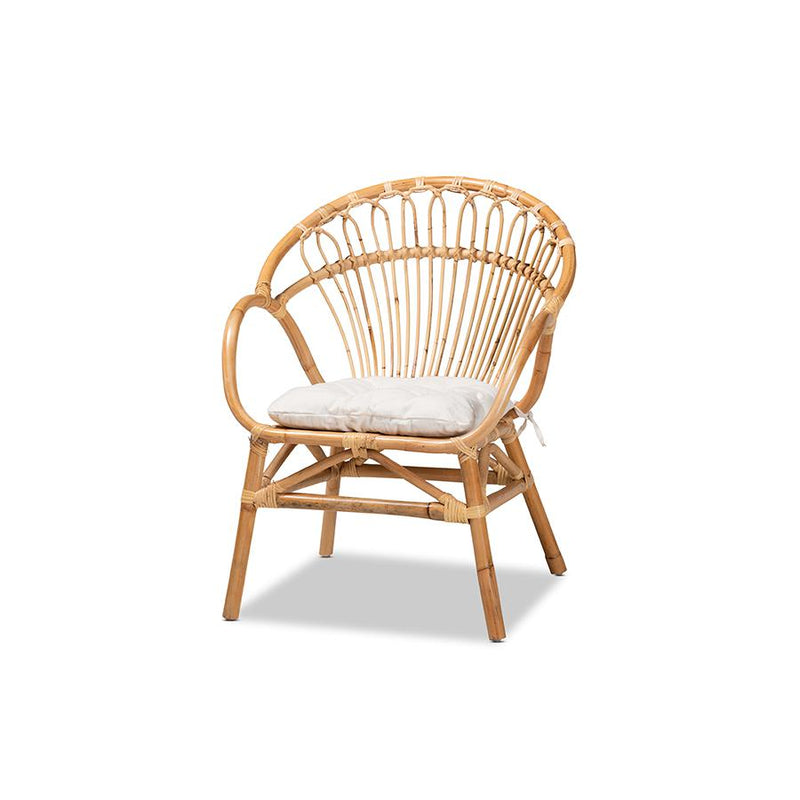 Boho Chic Bamboo Rattan Side Chair With Circular Brown Seat Cushion