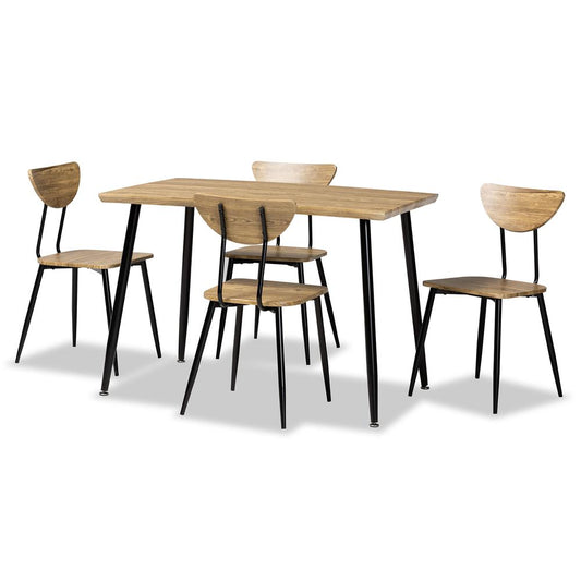 Baxton Studio Gianetta Mid-Century Modern Oak Brown Finished Wood and Black Metal 5-Piece Dining Set | Dining Sets | Modishstore