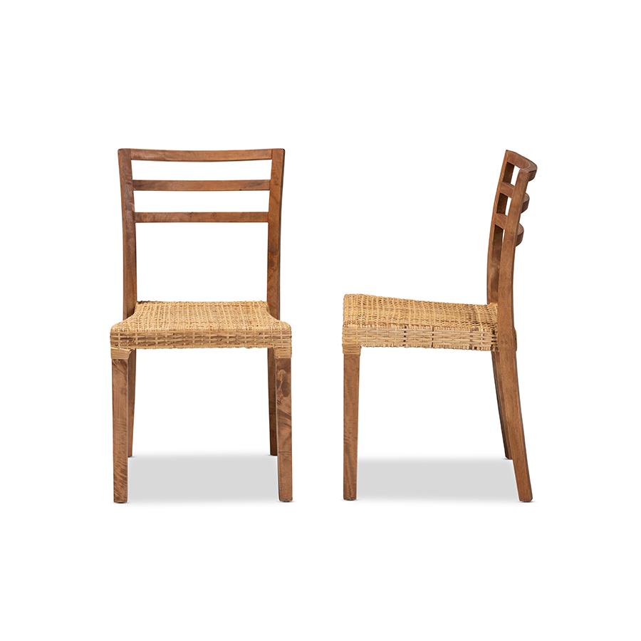 Baxton Studio Arthur Mid-Century Modern Walnut Brown Finished Wood and Natural Rattan 2-Piece Dining Chair Set | Dining Chairs | Modishstore - 3