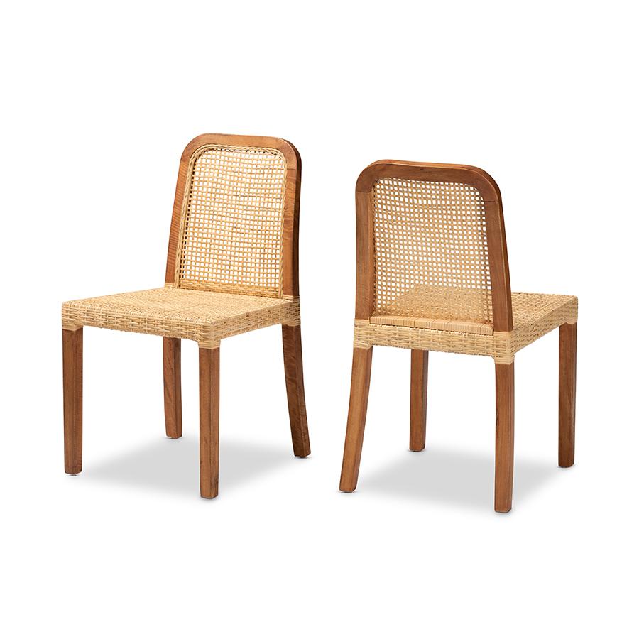 Baxton Studio Caspia Mid-Century Modern Walnut Brown Finished Wood and Natural Rattan 2-Piece Dining Chair Set | Dining Chairs | Modishstore