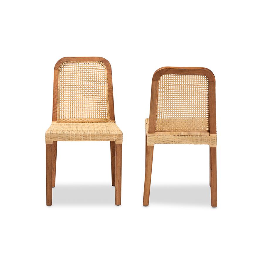 Baxton Studio Caspia Mid-Century Modern Walnut Brown Finished Wood and Natural Rattan 2-Piece Dining Chair Set | Dining Chairs | Modishstore - 2