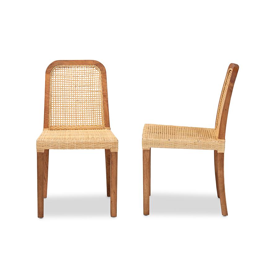 Baxton Studio Caspia Mid-Century Modern Walnut Brown Finished Wood and Natural Rattan 2-Piece Dining Chair Set | Dining Chairs | Modishstore - 3