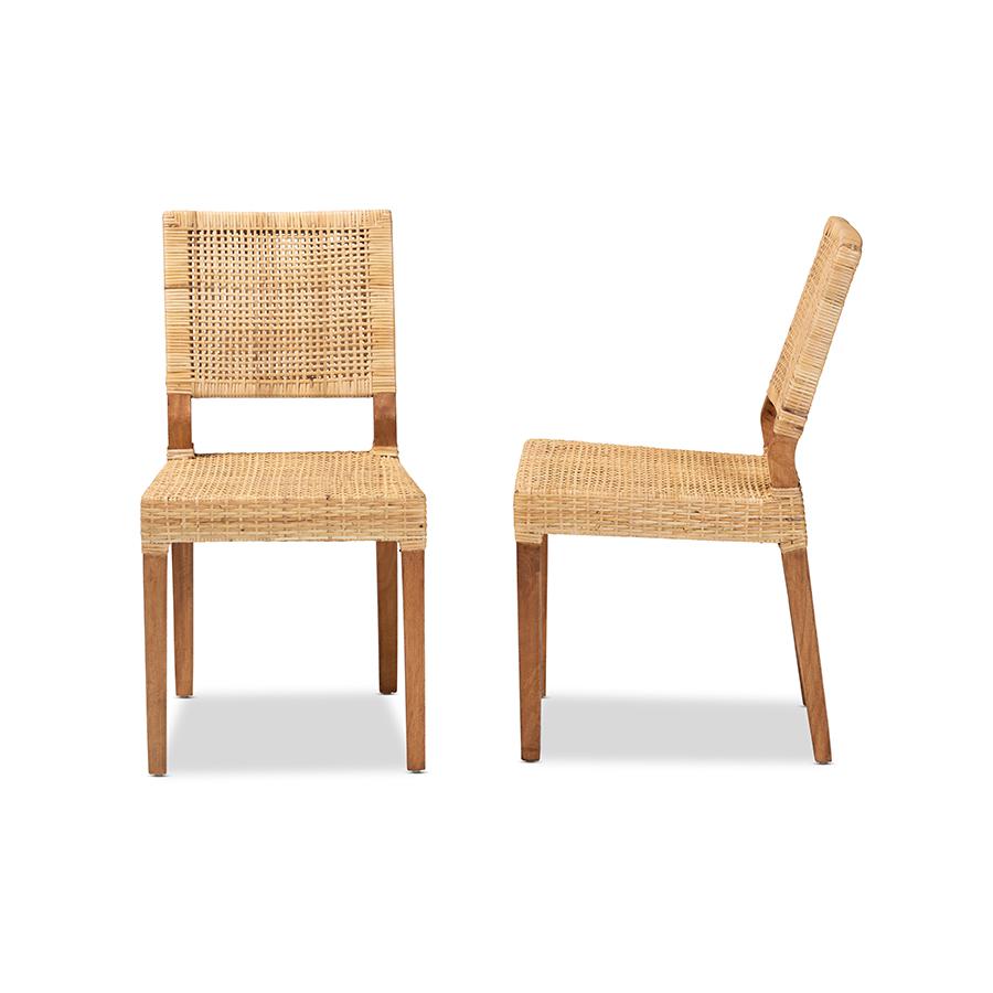 Baxton Studio Lesia Modern Bohemian Natural Brown Rattan and Walnut Brown Finished Wood 2-Piece Dining Chair Set | Dining Chairs | Modishstore - 3