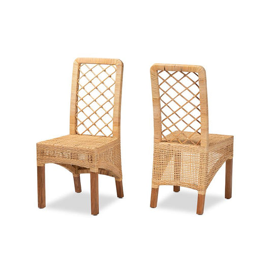 Baxton Studio Moscow Modern Bohemian Natural Brown Rattan and Walnut Brown Finished Wood 2-Piece Dining Chair Set | Dining Chairs | Modishstore