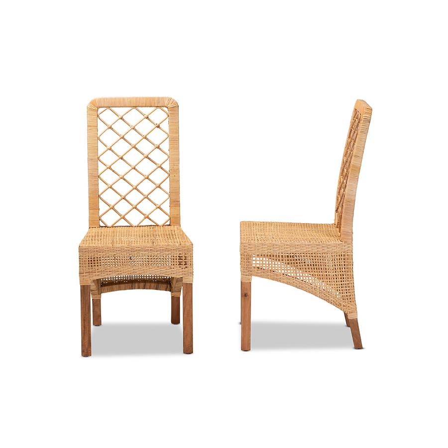 Baxton Studio Moscow Modern Bohemian Natural Brown Rattan and Walnut Brown Finished Wood 2-Piece Dining Chair Set | Dining Chairs | Modishstore - 3