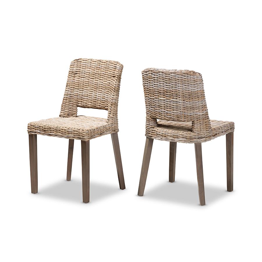 Baxton Studio Magy Modern Bohemian Grey Rattan and Natural Brown Finished Wood 2-Piece Dining Chair Set | Dining Chairs | Modishstore