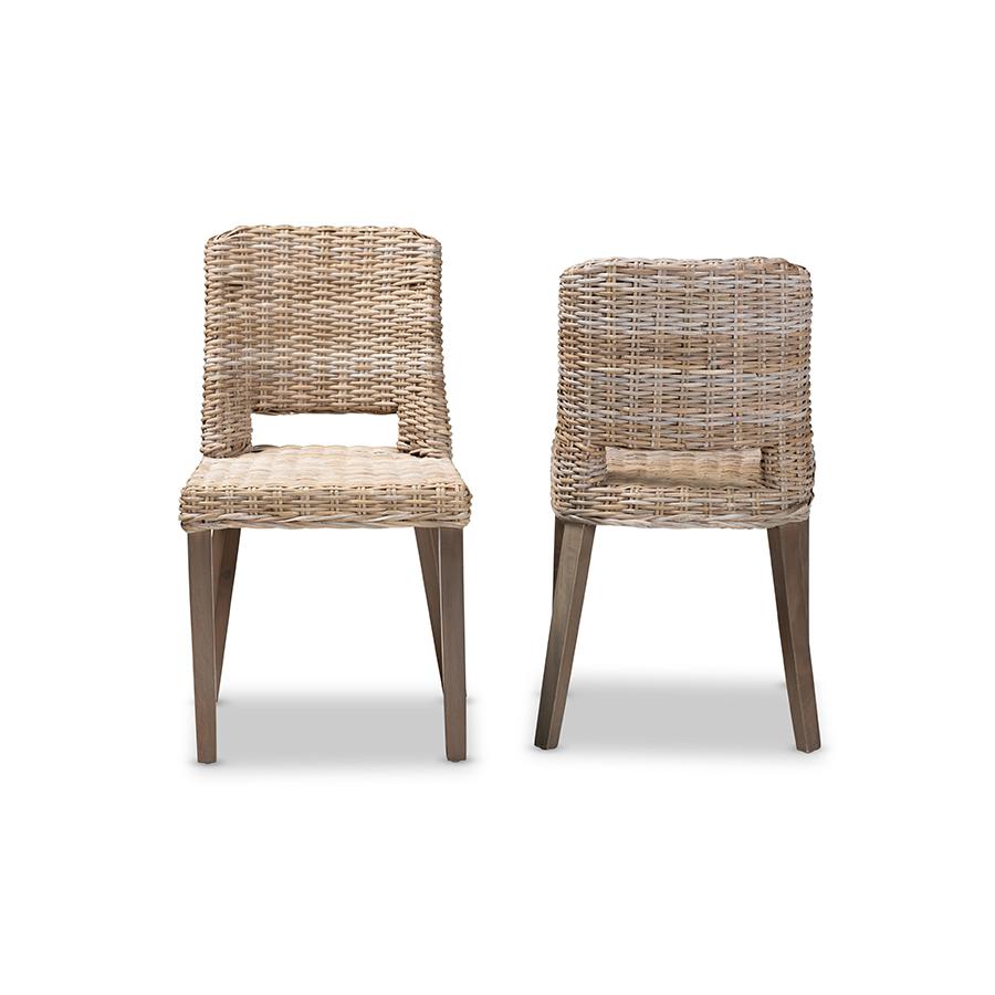 Baxton Studio Magy Modern Bohemian Grey Rattan and Natural Brown Finished Wood 2-Piece Dining Chair Set | Dining Chairs | Modishstore - 2