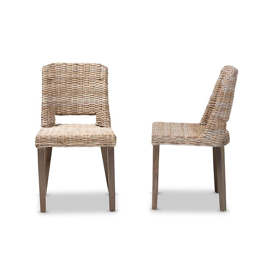 Baxton Studio Magy Modern Bohemian Grey Rattan and Natural Brown Finished Wood 2-Piece Dining Chair Set | Dining Chairs | Modishstore - 3