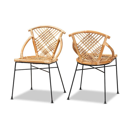 Baxton Studio Pro Modern Bohemian Natural Brown Rattan and Black Metal 2-Piece Dining Chair Set | Dining Chairs | Modishstore