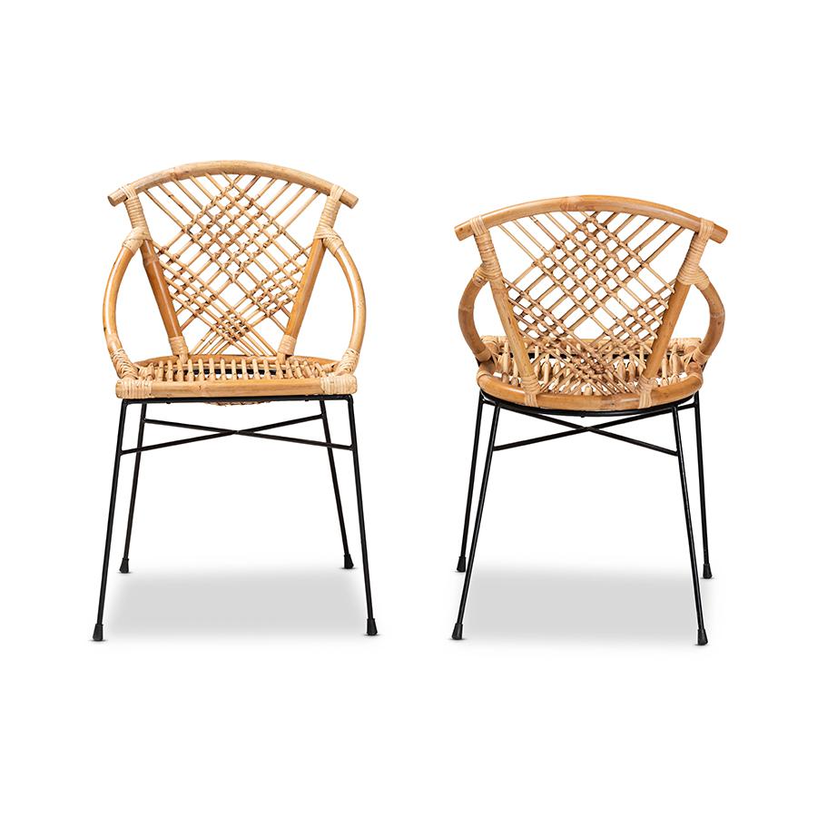 Baxton Studio Pro Modern Bohemian Natural Brown Rattan and Black Metal 2-Piece Dining Chair Set | Dining Chairs | Modishstore - 2