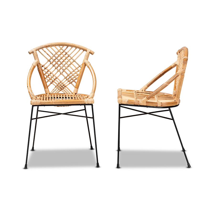 Baxton Studio Pro Modern Bohemian Natural Brown Rattan and Black Metal 2-Piece Dining Chair Set | Dining Chairs | Modishstore - 3